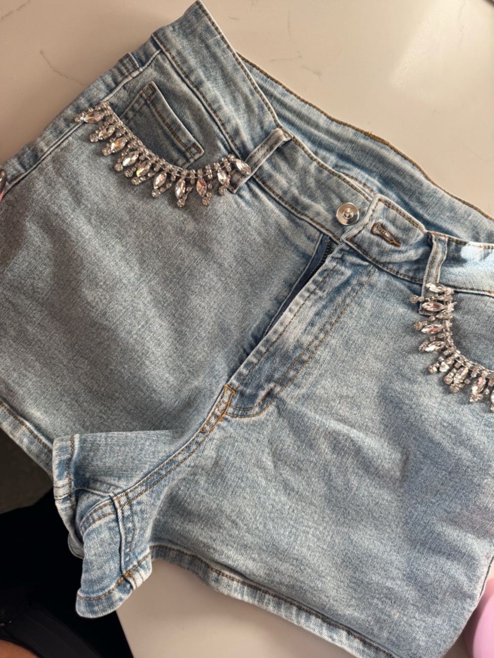 Macy's Light Blue Denim Jean Shorts with Rhinestone Trim